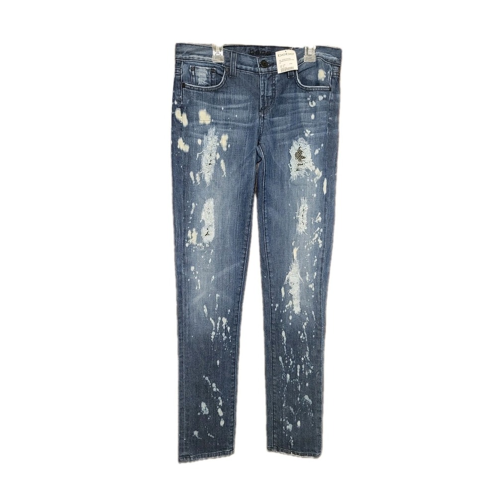 Bebe Jeans Skinny Rhinestone‎ Mesh Bleached Size 27 Y2K NWT Vintage MIDI Rise